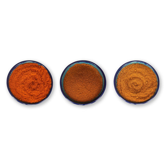 Mexican Seasoning Trio, Three Dishes with Loose Seasoning, Top View