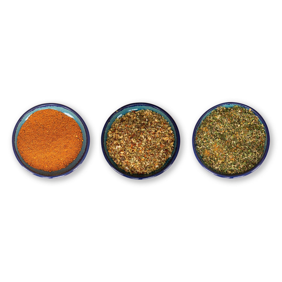 Seafood Seasoning Trio, Three Dishes with Loose Seasoning, Top View