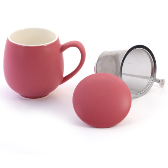 3 Piece Tea Cup, Berry Color, Side View with Infuser and Lid