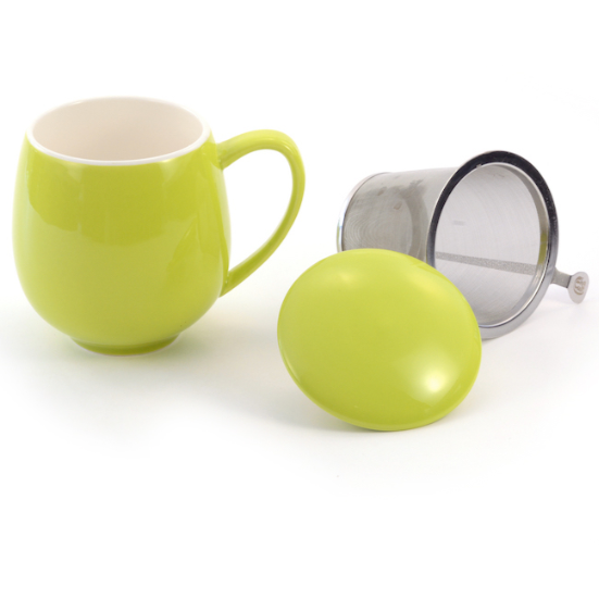 3 Piece Tea Cup, Lime Green Color, Side View with Infuser and Lid