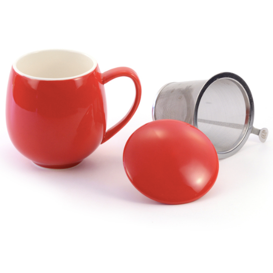 3 Piece Tea Cup, Red Color, Side View with Infuser and Lid