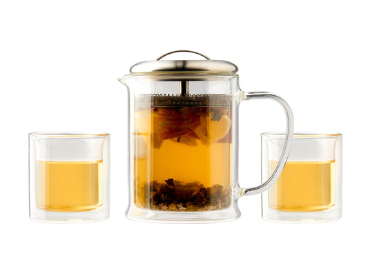 Double Wall Glass Teapot and Teacup Set, Teapot with Two Teacups, Side View