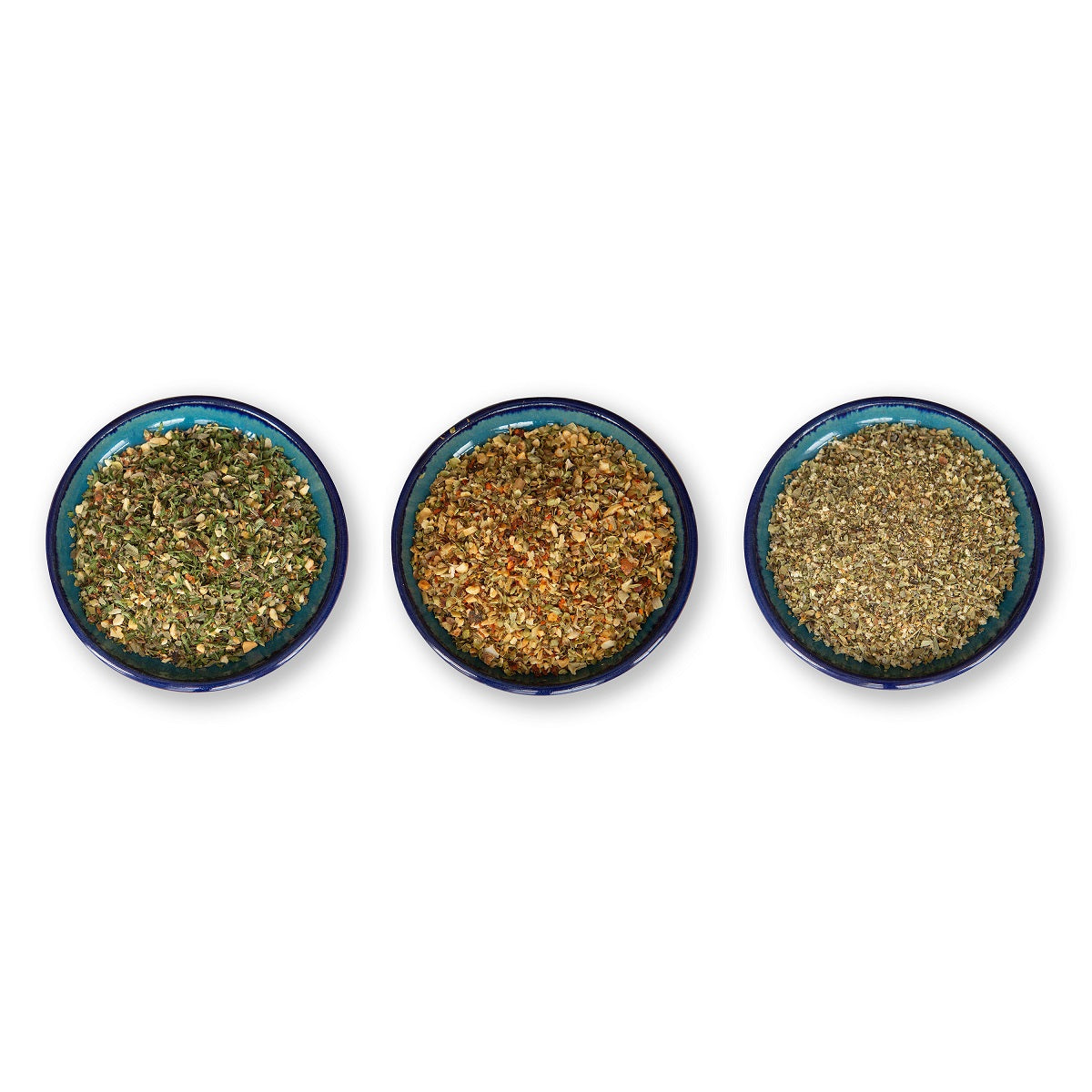 Mediterranean Seasoning Trio, Three Dishes with Loose Seasoning, Top View